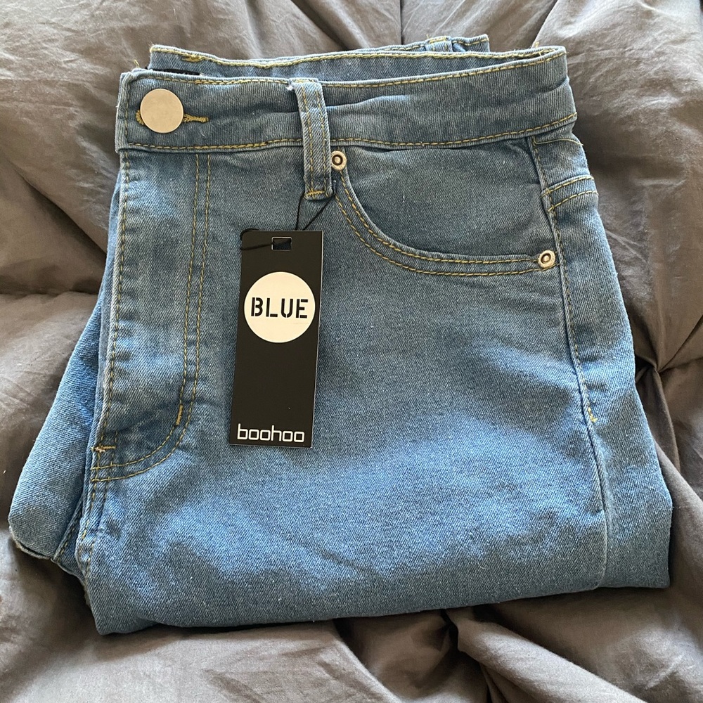 Boohoo Blue High Rise Distressed Skinny Jeans